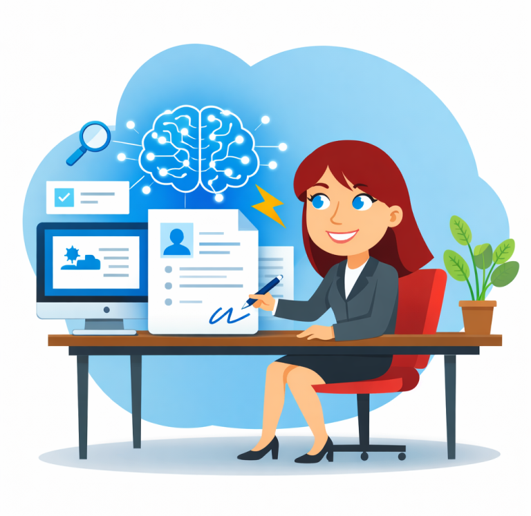 Businesswoman collaborating with AI technology